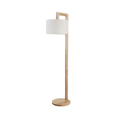 a wooden floor lamp with a white shade