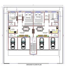 the floor plan for an office building with three cars parked in front and two parking spaces on