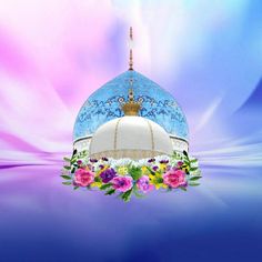 a blue dome with flowers around it on a purple and blue background in the middle