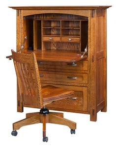 a wooden desk with drawers and a chair in front of the desk is made out of wood