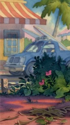 a painting of a car parked in front of a building with flowers growing out of the ground