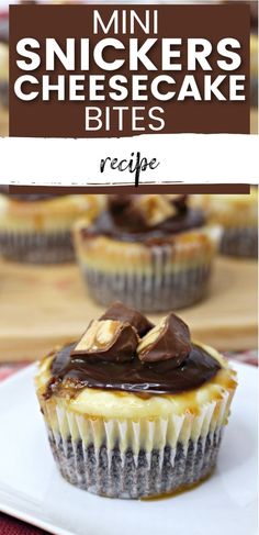 mini cheesecakes with chocolate frosting and peanut butter in the middle on a white plate