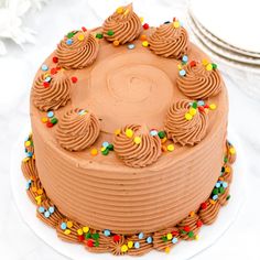 a chocolate cake topped with frosting and sprinkles