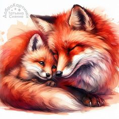 a painting of two foxes cuddling together