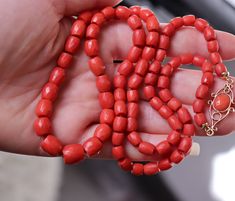 49gr Antique Faceted  Red  Coral Necklace Natural Undyed Beads Gold Clasp 18K This is faceted coral necklace from natural  red color, not dyed coral beads.  The necklace wasn't restringed. It's still on original threads. The decorated part is made from yellow  gold, marked as 750 and faceted coral. It doesn't open but the length allow easy wear it even without clasp.  Made in Italy. Vintage. Very beautiful necklace! Perfect quality! There are no inclusions in corals and no other defects. Size of Red Coral Necklace, Italy Vintage, Coral Necklace, Amber Necklace, Pretty Necklaces, Salmon Color, Best Birthday Gifts, Coral Beads, Beautiful Necklace