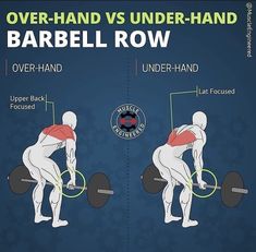 an image of a man doing barbell rows with the text over - hand vs under - hand