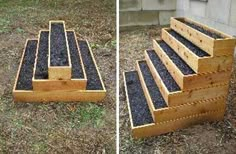 the steps are made out of wood and have black plastic liners on each step