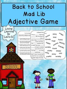 the back to school mad lib game with two children standing in front of a red building