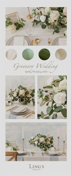 the wedding table is set with white flowers and greenery