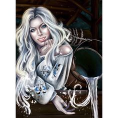 a painting of a woman with white hair and blue eyes sitting on a wooden bench