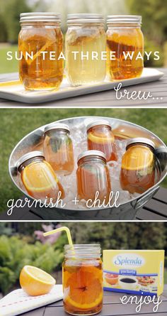 four jars filled with honey sitting on top of a metal tray next to lemons