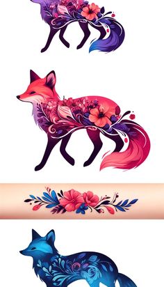 three different colored banners with flowers and animals on them, one in the shape of a fox