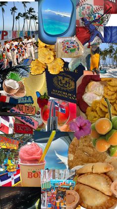 the collage shows many different pictures and food items, including an airplane in the background