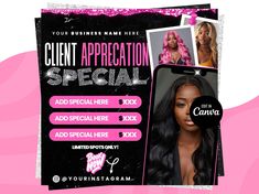 Client Appreciation Flyer, Client Appreciation Sale, Hair Stylist Braids Makeup Nails Lash Wax Wig Installs Braids MUA Special Deal Flyer Instantly elevate your branding with a pre-designed customizable flyer for your business!  Simply add your name and image, just like that! Perfect for non-designers!   EASY-TO-EDIT TEMPLATES: * Easily change all colors and text. You can also move and remove all elements. * Drag and drop your own photos into image spaces and they will snap in place. * Upload yo Goodie Bags For Hair Clients, Nail Deal Flyers, Wig Installs, Client Appreciation, Online Graphic Design, Graphic Design Tools, Flyer Design Templates, Social Media Templates, Forever Yours