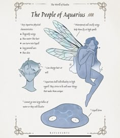 the people of aquarius are depicted in this illustration, with an image of a fairy sitting