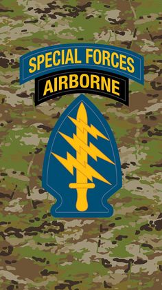 the special forces airborne emblem on camouflage background with blue and yellow lettering that reads special forces airborne