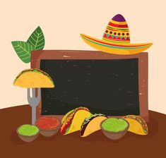 mexican food on a table with a blackboard and sombrero, guacamole, salsa sauces