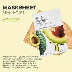 The Face Shop Real Nature Avocado Face Mask  Make your way to youthful, moisturized skin with this masksheet enriched with real avocado extract that delivers intense moisturization to the skin instantly.  Key Ingredients  Avocado Extract  Glycerin   Key Benefits  Provides bouncy, moisturized and wrinkle-free skin  Enriched with avocado extract known for its skin firming properties    Legal Disclaimer:  The product is guaranteed to be 100% genuine. Product images are for illustrative purposes only. Images/packaging/ labels may vary from time to time due to changes made by the manufacturer's manufacturing batch and location. The product description is for information purposes only and may contain additional ingredients. Blueberry Pomegranate, Avocado Mask, Avocado Face Mask, Wrinkle Free Skin, Layers Of The Skin, Lemon Rice, Moisturized Skin, Real Nature, Red Ginseng