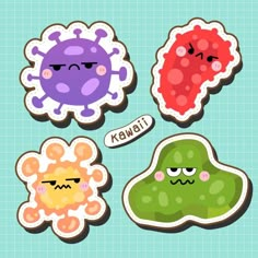 four stickers with different types of germs and the words kawai on them