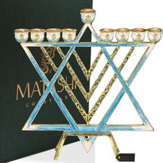 Matashi Hand Painted Blue Enamel Menorah Candelabra w/ Star of David Design w/ Gold Accents and Crystals Jewish  Holiday Image 1 Jewish Candle, Jewish Hanukkah, Crystal Candelabra, Hanukkah Decorations, Hanukkah Menorah, Religious Symbols, Jewish Holiday, Hanukkah Gifts, Indoor Christmas Decorations