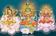 three deities sitting on lotuses in front of a blue background