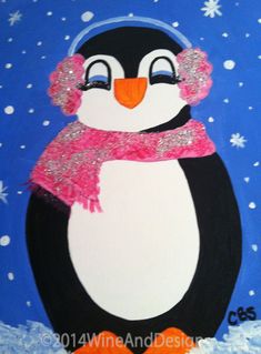 a painting of a penguin wearing a pink hat and scarf with snowflakes on it