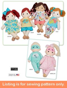 three dolls with different clothes and names on them, one is for sewing pattern only