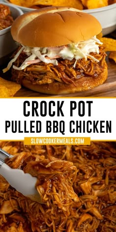 Close-up of pulled BBQ chicken on a bun and in a crock pot. Best Pulled Bbq Chicken Crock Pot, Crock Pot Chicken Shredded, Croc Pot Shredded Chicken, Crockpot Barbecue Pulled Chicken, Easy Bbq Shredded Chicken, Pulled Chicken Crock Pot Recipes Bbq, Easy Meals Sandwiches, Healthy Shredded Bbq Chicken Crockpot, Barbecue Shredded Chicken Crock Pot