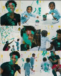 a collage of photos with different people and colors on their faces, including the child's face covered in green paint