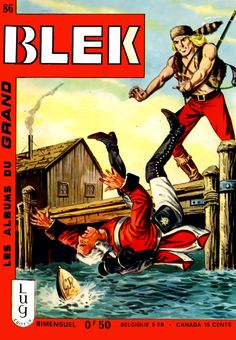 an old book cover with a pirate falling off the dock and another man on his knees