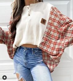 Western Sewing Ideas, Upcycling Clothes Aesthetic, Reworked Sweatshirts, Patchwork Flannel, Reworked Clothes, Reworked Clothing, Upcycle Sweatshirt, Patchwork Clothes, Upcycle Clothes Diy