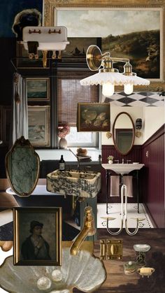 an old fashioned bathroom is decorated with antique items