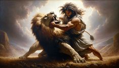 a painting of a man wrestling with a lion