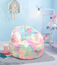 a colorful bean bag chair in a child's room