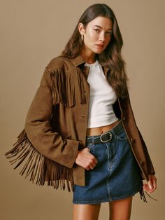 Giddy up. Shop the Veda Houston Suede Jacket from Reformation, a suede jacket with fringe detailing along the front bodice and sleeves. Fringe Jacket Outfit, Suede Jacket Outfit, Cowboy Jacket, Topanga Canyon, Fall Family Photo Outfits, Family Photoshoot Outfits, Technology Fashion, Tassels Fashion, Essential Dress