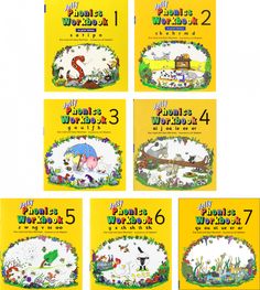 six children's books with pictures of animals and birds on them, all in yellow covers