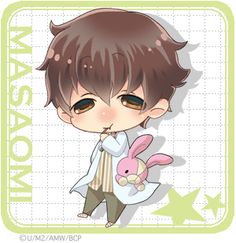 an anime character with brown hair holding a pink bunny