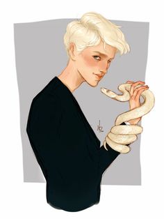 a drawing of a person holding a snake