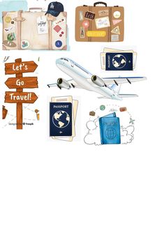 an airplane, suitcases and other travel related items