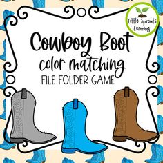 cowboy boot color matching game with blue and brown boots on the bottom, in front of a