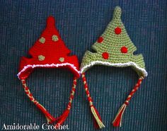 two crocheted hats with christmas trees on them