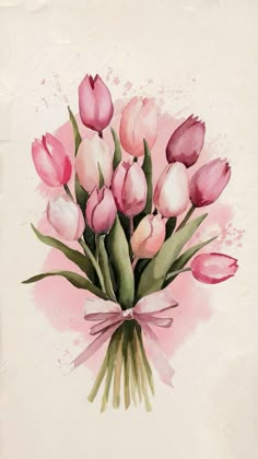 a bouquet of pink and white tulips with a bow on the end, painted in watercolor