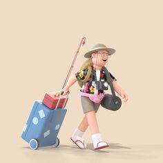 a cartoon character pulling a suitcase with a fishing rod