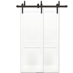 an open sliding door with black hardware on the bottom and white doors, against a white background