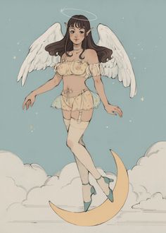 a drawing of an angel standing on the moon