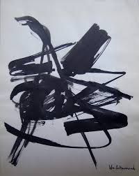 a black and white painting with abstract shapes