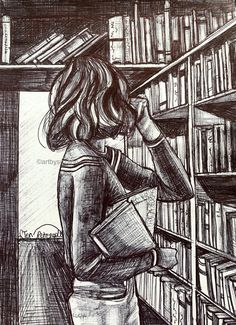 a drawing of a girl looking for books in a library with shelves full of books