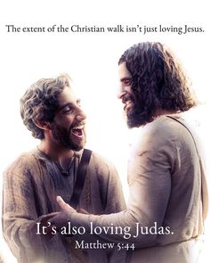 two men laughing together with the words it's also loving jesus