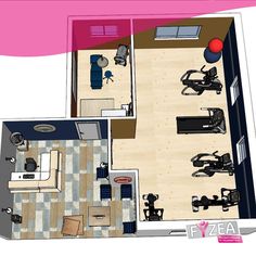 an overhead view of a living room and kitchen area with exercise equipment on the floor