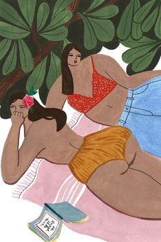 a painting of two women in bikinis laying on a beach towel under a tree